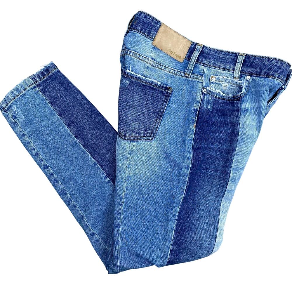 Free People Patchwork 2 Tone Boyfriend Jeans Sz 27 High Rise Cropped Distressed - Picture 6 of 12
